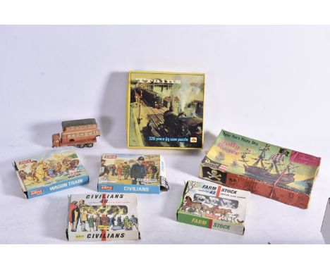 Airfix 1960's  00 Gauge Figures and Animals and Arrow Games Tri-ang Jigsaw, S6-50 Civilian on sprues, in original window box,
