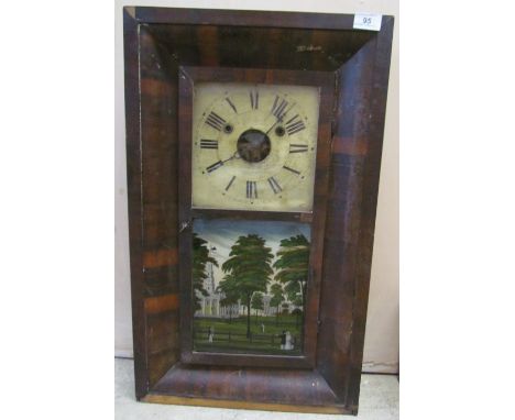 A late 19th century mahogany framed wall clock with a painted panel front