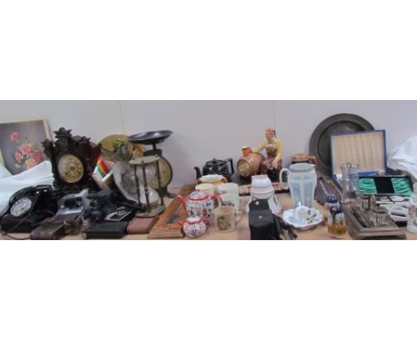 A mantle clock together with Salter scales, cameras, assorted ceramics barometer, timer, standish, flatwares etc