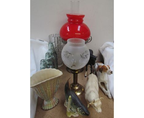 A Beswick Bull together with a Beswick horse. Goebel fish, Czech glass vase, oil lamps, glass bottles