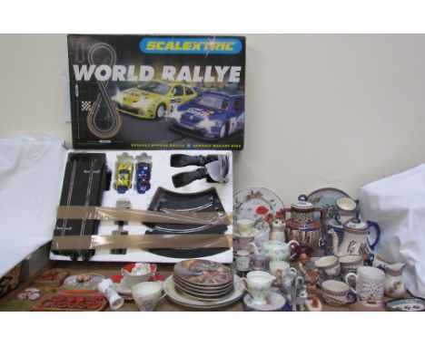 A Scalextric World Rally set together with collectors plates, Welsh pottery plaques, a floral decorated part tea set, pottery