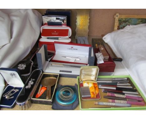 A Sheaffer prelude propelling pencil together with an Elysee fountain pen, other pens, lighter, silver anchor key ring, cribb
