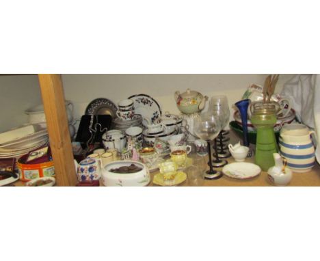 Decorative cups and saucers together with part tea sets, tulip vases, drinking glasses, costume jewellery, coins, etc