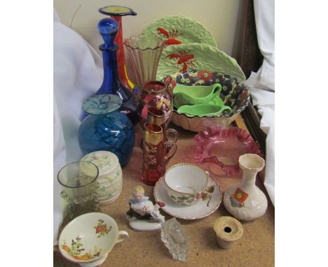 A Mdina glass vase together with other glass vases, cranberry glass, Carltonware leaf dishes, crested wares  etc