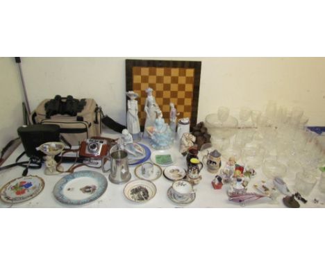 A Franka camera together with binoculars, Nao figures, decorative ceramics and glass etc