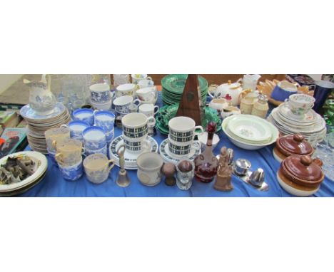 A blue and white part tea set together with assorted tea cups, part tea set, drinking glasses, assorted plates, bowls, metron