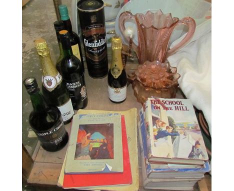 A bottle of Glenfiddich together with other bottles, children's books, miniature spinning wheel, glass vase etc