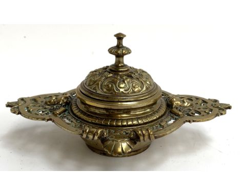 An art nouveau brass inkwell, 20cmW 