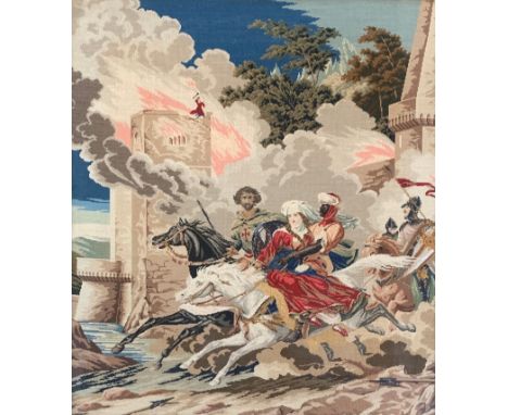 A 19th century needlework tapestry of a scene from Sir Walter Scott's novel 'Ivanhoe', the background depicting Torquilstone 
