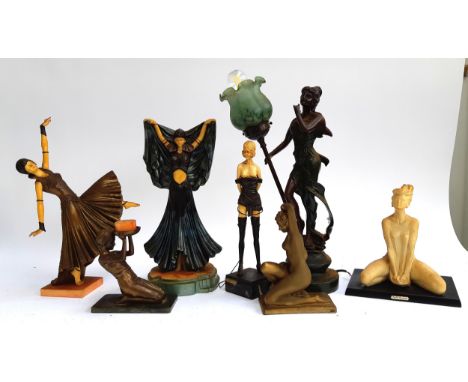 A quantity of figures of ladies to include a table lamp with glass shade, 50cmH 