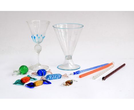 A lot of hand blown glass, mostly Murano, to include decorative sweeties; cocktail stirrers; a decorative glass quill; two go