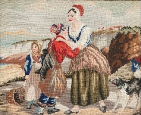 A 19th century tapestry depicting a mother and her children in a coastal landscape, 17x21cm, in a heavy gesso frame 