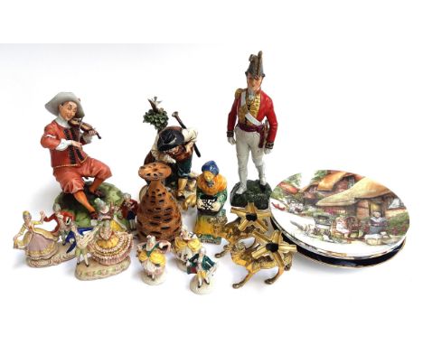 A mixed lot of ceramics to include Royal Doulton collectors plates; Sitzendorf soldier (af); Capodimonte; Honiton pottery lad