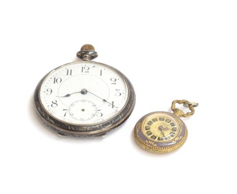 An 800 silver open face pocket watch, Arabic numerals and subsidiary seconds to white enamel dial, niello back, 15 jewel move