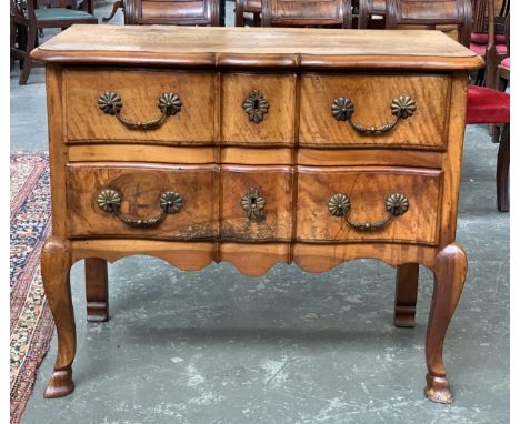 A probably Italian walnut commode chest, with shaped front and two drawers, on cabriole legs and hoof feet, 100x50x82cmH 