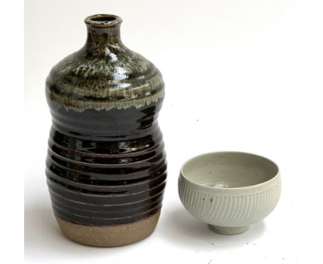 A David Leach lowerdown studio pottery bowl, 7cmH, and lamp base, 24cmH 