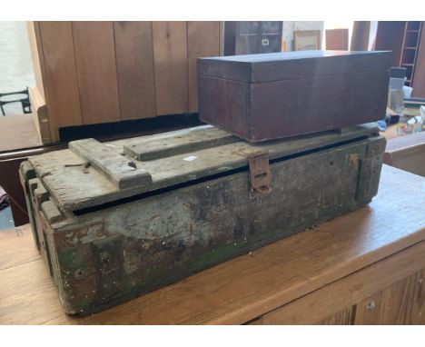 A vintage pine military ammunition box, 68cmW; together with a further wooden box, 31cmW 