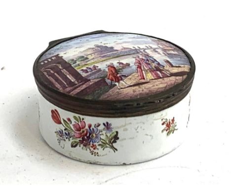 A 19th century French enamel trinket pot, hand painted scene on lid, floral sprays to inside lid, 9cmD 