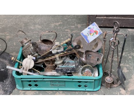 A mixed box of various metal and other items, to include fire tools, glass vase etc 