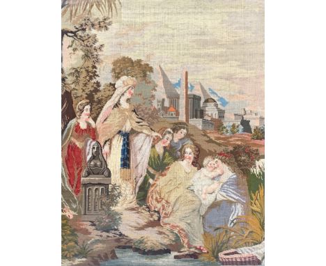 A large 19th century needlework tapestry depicting the discovery of Moses in the bulrushes, 78x60cm, in a bird's eye maple fr