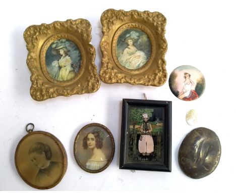 A mixed lot to include Butterfly wing picture; miniatures; enamel miniature plaque etc 