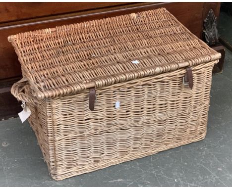 A large wicker hamper, 69x47x41cmH; together with a small wicker bottle basket 