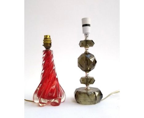 A mid century red swirling glass table lamp, 26.5cmH; together with one other (2) 