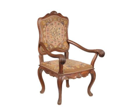 A late 18th century Italian walnut armchair, with tapestry upholstered back and seat, 112cm high 