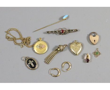 A collection of jewellery including Victorian gem set brooch, heart shaped locket, mourning pendant and stick pin etc.