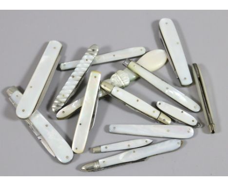Fourteen assorted Victorian folding penknives each with mother of pearl scales.