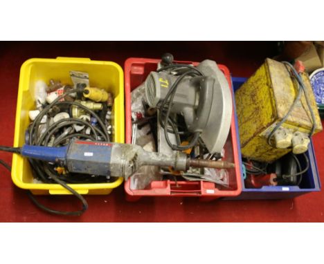 A collection of power tools and transformer along with various hand tools and ironmongery.