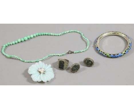 A Chinese carved hardstone filigree silver ring and earring set pierced enamel bangle and a pale jade coloured brooch and sim