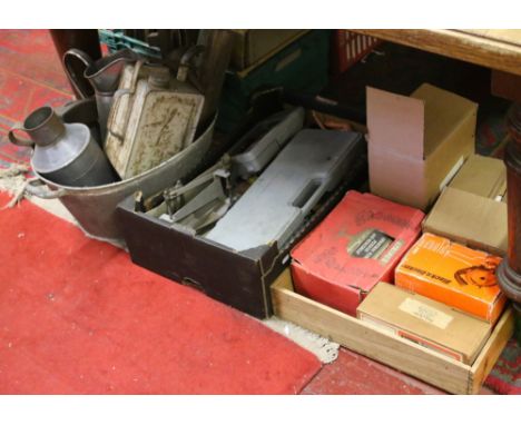 A galvanized tub and contents of metalware along with a collection of tools and iron mongery etc.