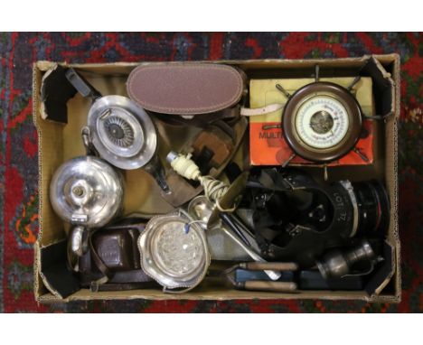 A box of collectables to include cameras and binoculars along with silver plated items and a wall barometer, etc.