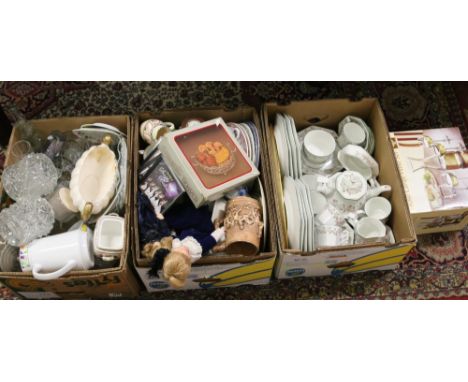 Three boxes of miscellaneous pottery, china and glass to include fifty six piece Eternal Beau tea and dinner service, glasswa