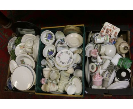 Three boxes of miscellaneous china and crockery to include tea and dinner wares, Royal Doulton, Royal Worcester, Portmeirion,