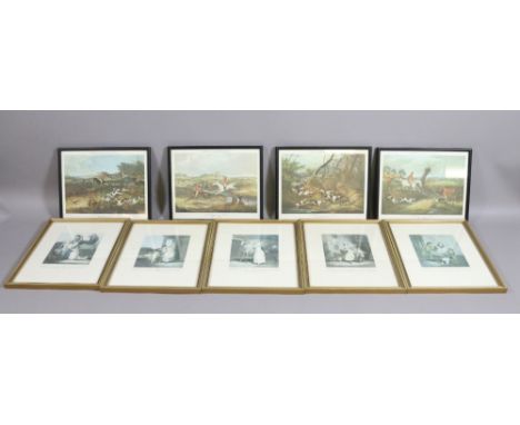 Five gilt framed Cries of London prints along with four Shayers English fox hunting prints.
