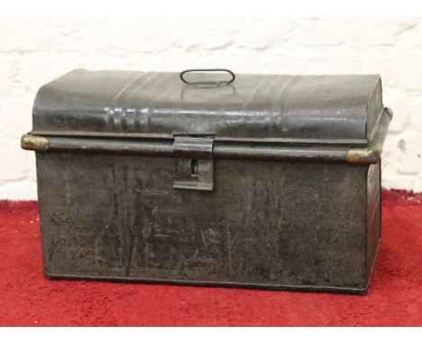 A small metal storage trunk.