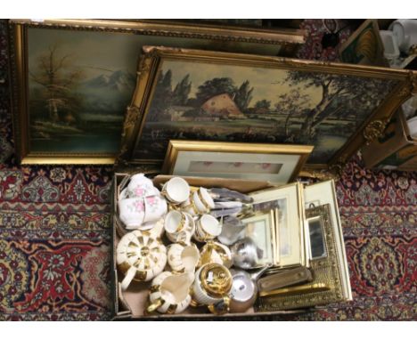 A box of miscellaneous ceramics, flat wares and pictures to include Royal Winton six place coffee set, Queen Anne part tea se