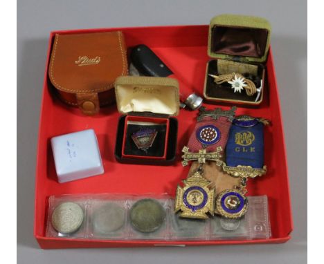 A small box of collectables to include two silver and enamel Buffaloes medals, coins, jewellery, etc.