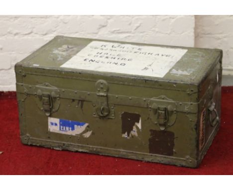 A painted cabin trunk marked Hale Cheshire.