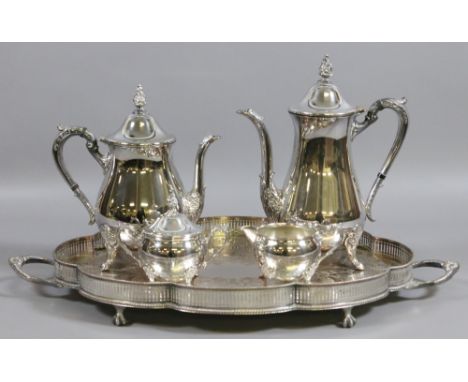 A silver plate gallery serving tray and Viners four part tea/coffee service.