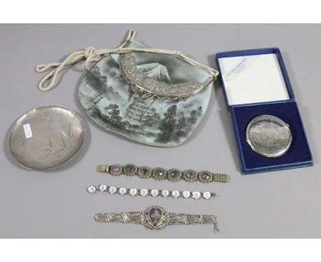 A Japanese Mount Fuji purse, a boxed Niello compact, Japanese white metal dish and three white metal bracelets.