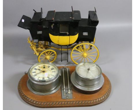 A homemade model horse drawn coach along with a combined clock and barometer.