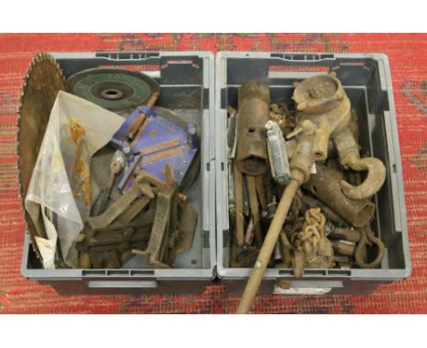 A box of old tools to include lifting block and engineer spanners.