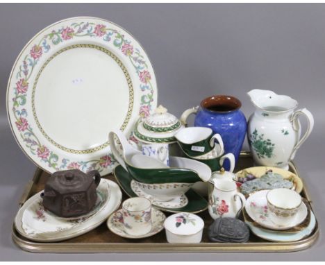 A tray of china and crockery to include Spode, Coalport, Royal Worcester, Wedgwood, etc.