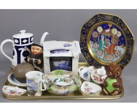 A tray of china and crockery to include Ringtons, Royal Crown Derby, Goebel, Wedgwood, etc.