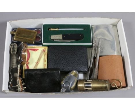 A box of collectables including miniature miners lamp, tortoise shell items, pen knife and snuff box etc.