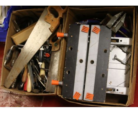 Two good boxes of assorted joiners tools saws chisels and vices etc.