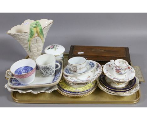 A tray of china and crockery to include Royal Worcester, Wedgwood, Hammersley, oak glove box, etc.